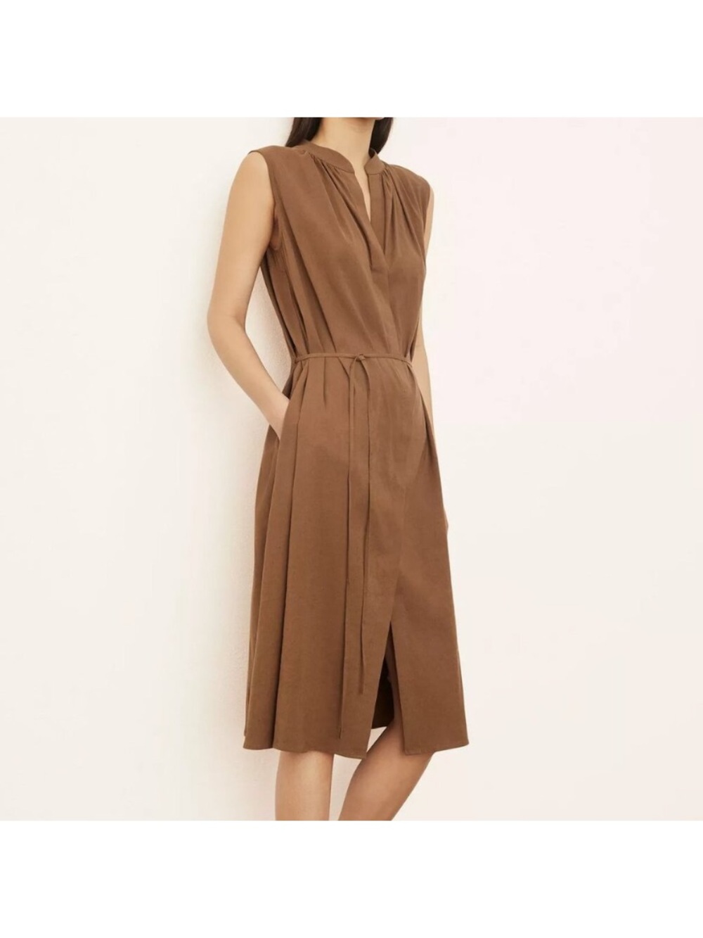 Vince - Sleeveless Brown Tie-Waist Midi Dress